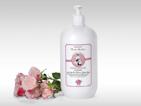 Crème douche Confort au lait de chèvre alpine bio Infusion de fleurs d’hibiscus bio / Huile de Rose Musquée bio 1 litre